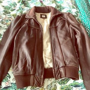 Aqua brown leather bomber jacket